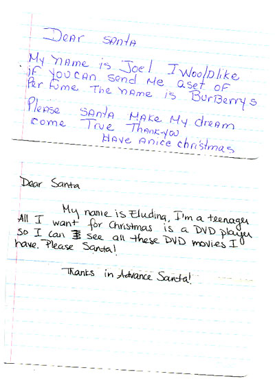 Two Christmas notes that were sent to our PO Box